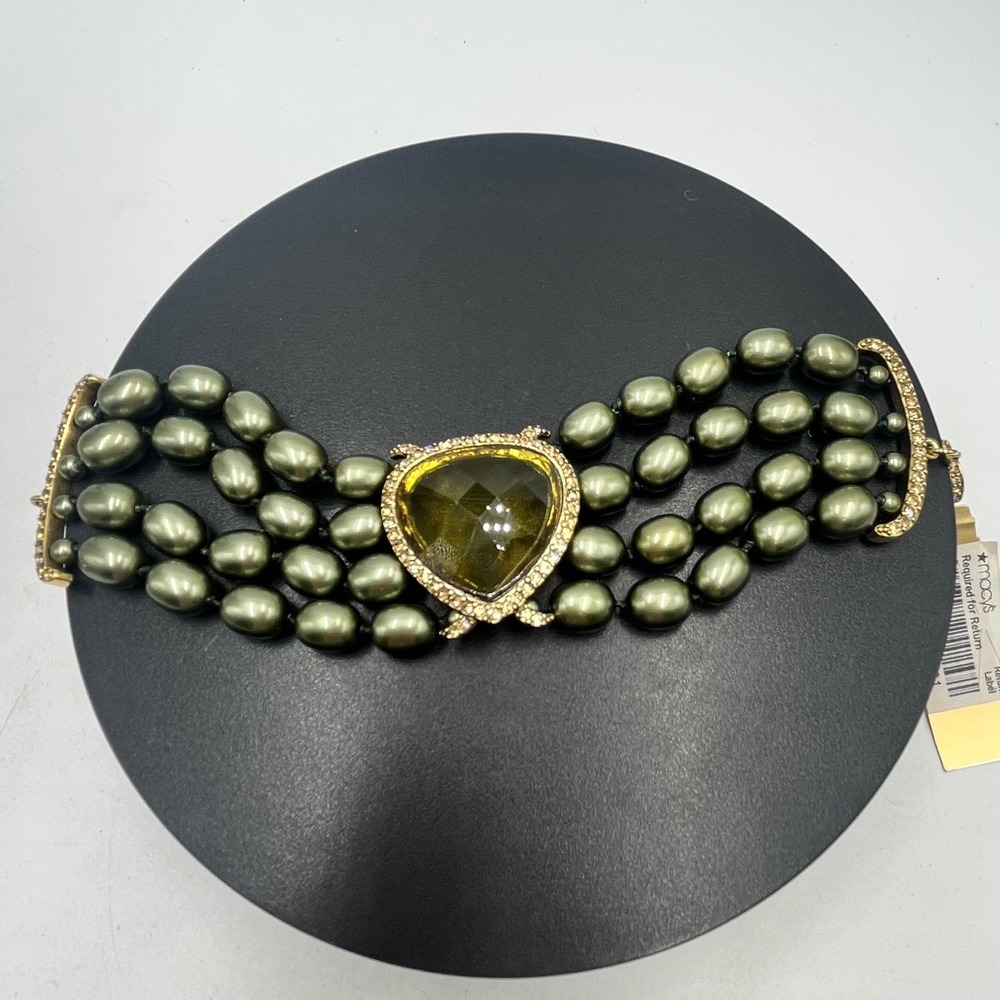 Monet Three-strand Green Faux Pearl Lg Rhinestone Gold Tone Toggle Bracelet New